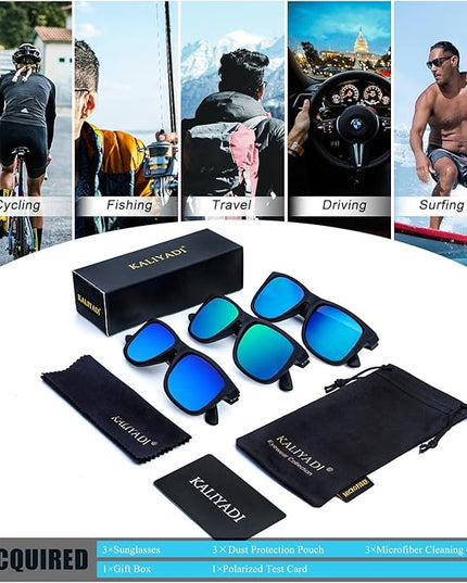 KALIYADI Sunglasses Men Polarized Sun glasses for Mens Womens Classic Matte Black Frame UV Protection 3pack