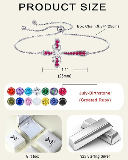 YL Cross Bracelet 925 Sterling Silver Infinity Sideways Link Bracelet Birthstone Jewelry for Women
