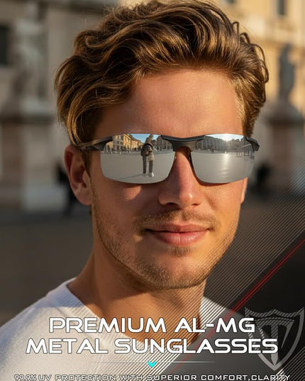 ATTCL Polarized Sunglasses Men Sports: UV Protection Anti Glare Wrap Around Lightweight Metal Driving Fishing Golf Running