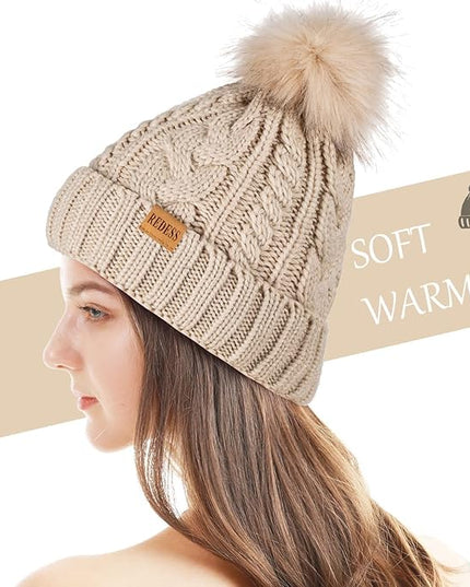 REDESS Women Winter Pompom Beanie Hat with Warm Fleece Lined, Thick Slouchy Snow Knit Skull Ski Cap