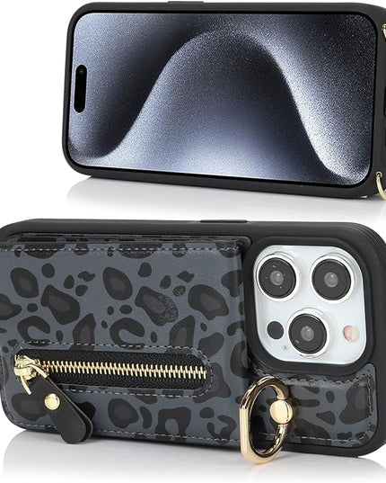 for iPhone 15 Pro Wallet Case with Card Holder, for iPhone 15 Pro Case Wallet with Strap Credit Card Slot, Crossbody Bag with Zipper Case for iPhone15 Pro - Black Leopard