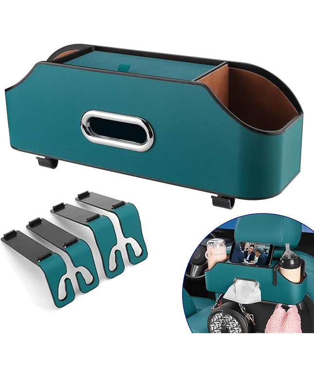 Car Seat Back Organizer - Stylish & Functional Storage for Family Adventures - Cup Holders, Tissue Box & Hooks - Perfect for Kids, Road Trips & Travel (Navy Blue)