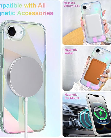 Cute Case for iPhone 16e Case for Women Girls [ Compatible with Magsafe ] Clear Glitter Girly Aesthetic Rainbow Sparkly Bling Magnetic Phone Cover, Iridescent Geometry