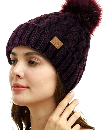 PAGE ONE Womens Winter Ribbed Beanie Crossed Cap Chunky Cable Knit Pompom Soft Warm Hat