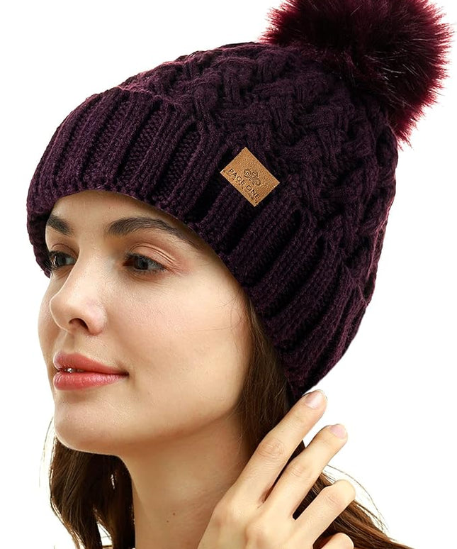 PAGE ONE Womens Winter Ribbed Beanie Crossed Cap Chunky Cable Knit Pompom Soft Warm Hat