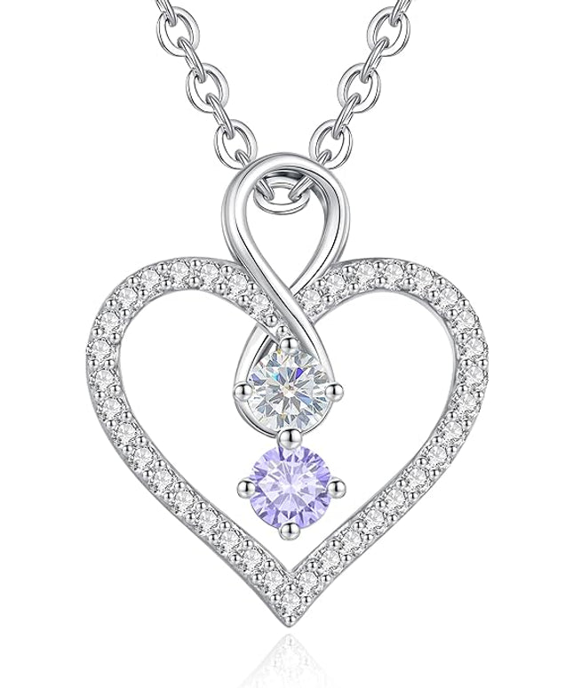 LOUISA SECRET Infinity Double Birthstone Necklace, 925 Sterling Silver Tiny Pendant Heart Necklace for Women Wife Her, Best Jewelry Gift Heart Jewelry Meaningful Gift for Valentine's Day, Christmas, Birthday Anniversary