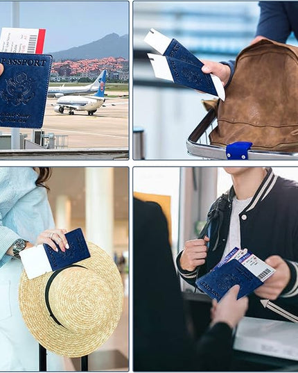 Passport Holder Cover Wallet Case RFID Blocking Leather Card Slot Travel Accessories Documents Organizer Protector for Women Men, Navy Blue
