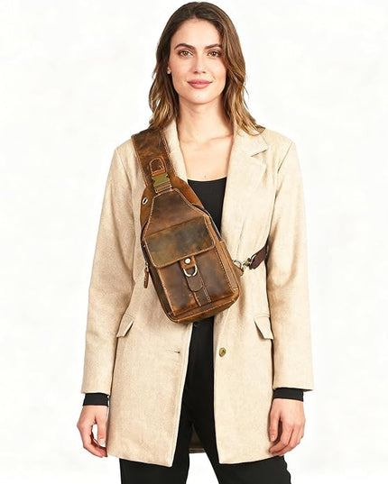 Genuine Leather Hiking Travel DayPack Sling Crossbody Triangle Chest Pack Bag For Men Women 8241