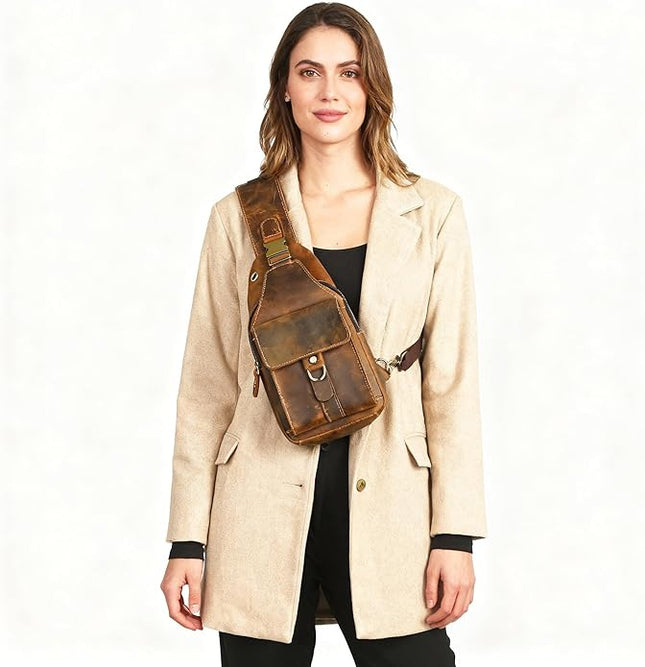 Genuine Leather Hiking Travel DayPack Sling Crossbody Triangle Chest Pack Bag For Men Women 8241