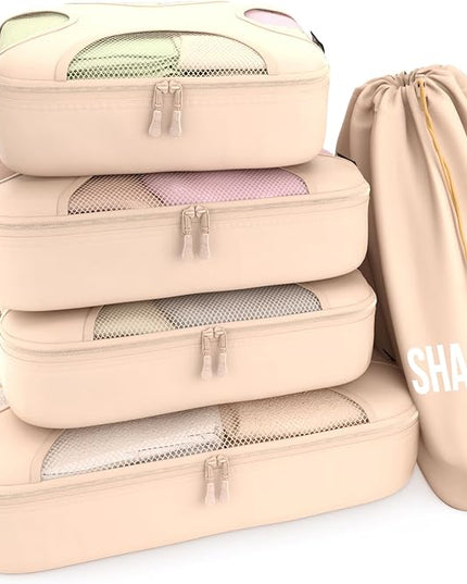 Shacke Premium 5 Packing Cubes Set - Lightweight Mesh Travel Luggage Organizers with Laundry Bag, 5-Piece Suitcase Storage System (Cream)