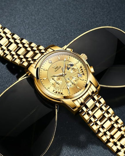 OLEVS Men's Luxury Watch Waterproof Luminous Easy Read Chronograph Watches Full Gold/White Dail/Black Face with Calendar Wristwatch