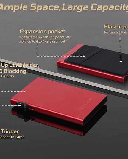 GRALEON Slim Card Holder Wallet for Men with 12 Card Slots,RFID Blocking Pop Up men's wallet,Metal Wallet with Superelastic Material Expandable Front Pocket Perfectly holds cards,bills,and coins(red)