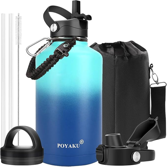 Water Bottle Insulated 32oz 40oz 64oz 128oz Straw Lid Spout Lid & 3 Lids, Leak Proof, Vacuum Insulated,Stainless Steel Water Bottle Wide Mouth for Sports, Gym or Office