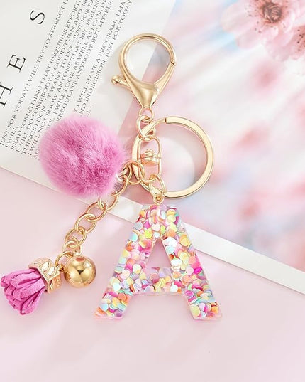 Resin Alphabet Initial Letter Keychain Keyring for Women Purse Handbags With Fur Ball Pom