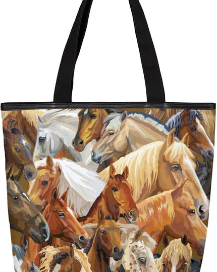 Pardick Watercolor Horse Print Canvas Tote Bag, Eco Friendly Reusable Grocery Shopping Bags Beach Bag Book Tote Handbags Washable Shoulder Bag With Zipper Inner Pocket for Women Girls