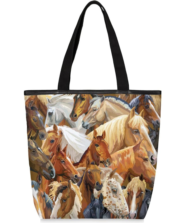 Pardick Watercolor Horse Print Canvas Tote Bag, Eco Friendly Reusable Grocery Shopping Bags Beach Bag Book Tote Handbags Washable Shoulder Bag With Zipper Inner Pocket for Women Girls