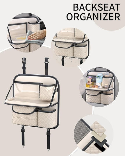 Leather Car Backseat Organizer with Foldable Table Tray - Cup/Tissue/Tablet Holder, Car Seat Back Storage Organizer, Road Trip Essentials for Adults & Kids (white)