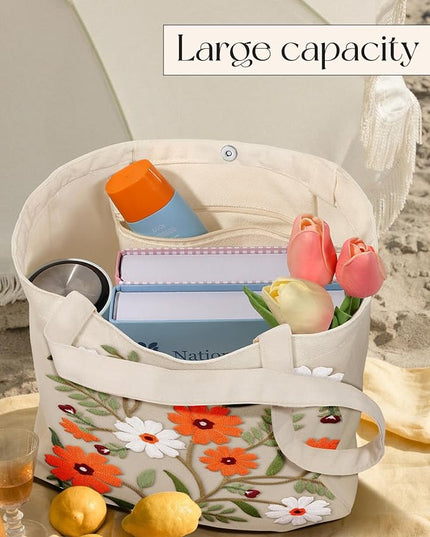 Embroidery Canvas Tote Bag for Women - Reusable Totes with Pocket & Buckle Aesthetic Cute Grocery Shoulder Bag