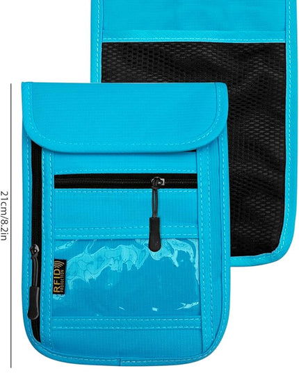 RFID Blocking Travel Neck Wallet Pouch and Passport Holder, Travel Neck Pouch Passport Holder for Women & Men - Light Blue