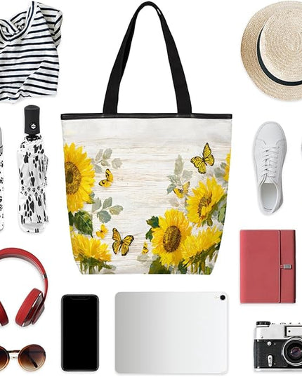 Pardick Canvas Tote Bags, Sunflower Wood Butterfly Tote Bag Eco Friendly Reusable Grocery Shopping Bagsfor Beach, Books, Women with Zipper Inner Pocket