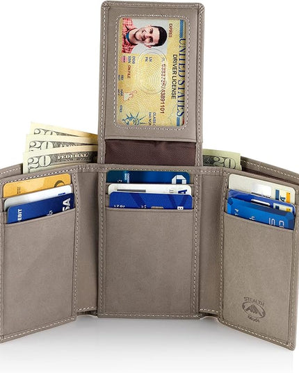 Stealth Mode Trifold Wallet - RFID Blocking Wallet with Flip ID Holder - Leather Case for Money, Credit Cards - Mens Organizer, Divided Billfold, Identity Protection - Men's Gifts (Grey)