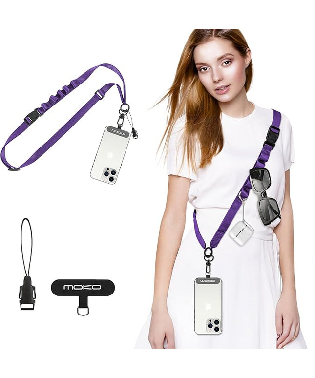 MoKo Universal Phone Lanyard, Nylon Adjustable Cell Phone Crossbody Strap Detachable Women & Men Cellphone Lanyards Around the Neck with Patches for iPhone, Most Smartphones, Dark Purple