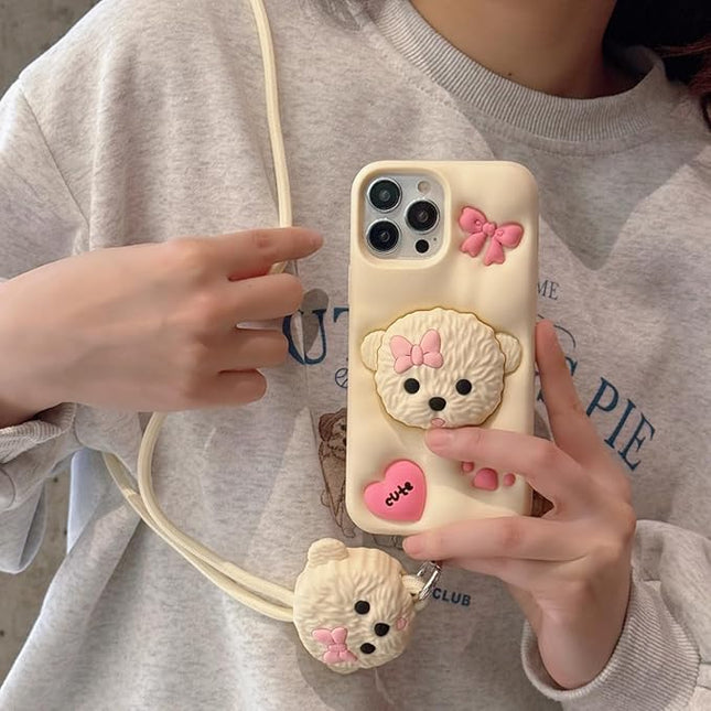 Case Compatible with iPhone 14,Cute 3D Kawaii Funny Dog Stand White Cartoon Cover with Keychain Soft Silicone Gel Drop Protector Women Girls