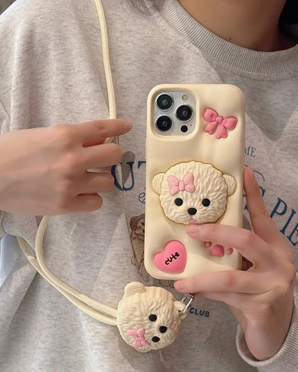 Case Compatible with iPhone 12 Pro Max,Cute 3D Kawaii Funny Dog Stand White Cartoon Cover with Keychain Soft Silicone Gel Drop Protector Women Girls