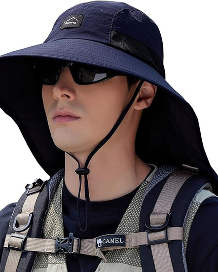 Rosoz Outdoor Sun Hat for Men Women, UPF50+ Protection Safari Cap Wide Brim Mesh Fishing Hat with Neck Flap Beach Garden