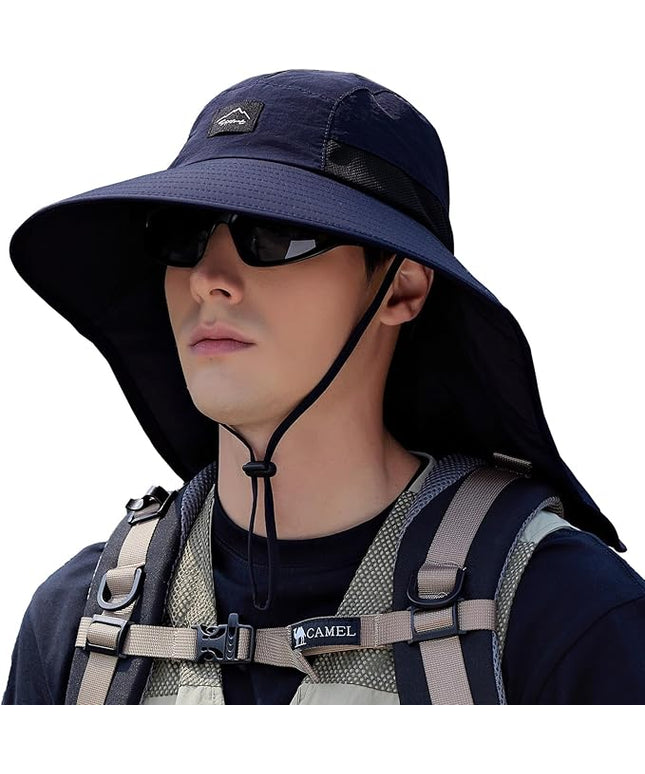 Rosoz Outdoor Sun Hat for Men Women, UPF50+ Protection Safari Cap Wide Brim Mesh Fishing Hat with Neck Flap Beach Garden