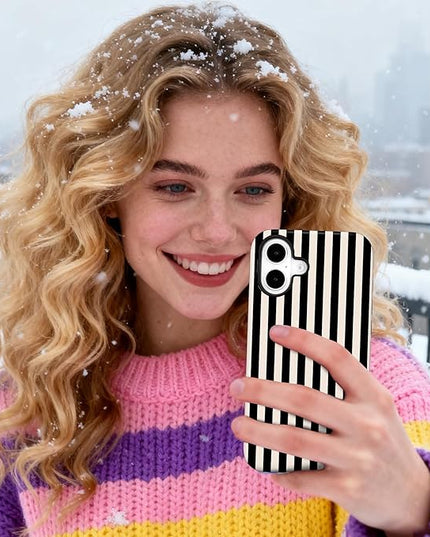 Magnetic for iPhone 16 Case Cute Stripes Phone Case, Shockproof Slim TPU and Hard PC Protective Phone Cover Compatible with MagSafe Designed for Women Girls, Black and White