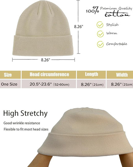 100% Cotton Beanie Hat- Unisex Ultra Soft Winter Warm Stretch Knit Cuffed Hats Fisherman Beanies Skull Cap