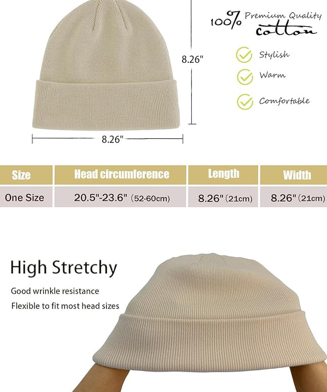 100% Cotton Beanie Hat- Unisex Ultra Soft Winter Warm Stretch Knit Cuffed Hats Fisherman Beanies Skull Cap