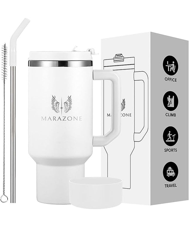 40 oz Tumbler with Straw and Leakproof Lid for Hot and Cold Drinks - Stainless Steel Travel Mug Fits Cup Holder, Reusable Water Bottle with accessories, Gift for Women and Men - Pure white