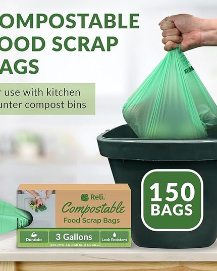 Reli. Compost Bags 3 Gallon (150 Count) | ASTM D6400 | Compostable Trash Bags for Food Scraps | Small Composting Liners for Kitchen Compost Bin/Countertop Bin | Green, Eco for Food Waste, 3 Gal