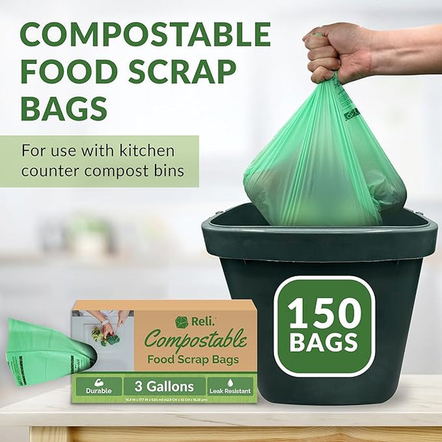 Reli. Compost Bags 3 Gallon (150 Count) | ASTM D6400 | Compostable Trash Bags for Food Scraps | Small Composting Liners for Kitchen Compost Bin/Countertop Bin | Green, Eco for Food Waste, 3 Gal