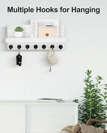 Lwenki Key Holder Wall Mount, Entryway Key and Mail Holder with 7 Sturdy Hooks for Sunglasses, Dog Leash, Decorative Wall Shelf with Mounting Hardware, 15”W x 6.7”H x 4.2”D (White)