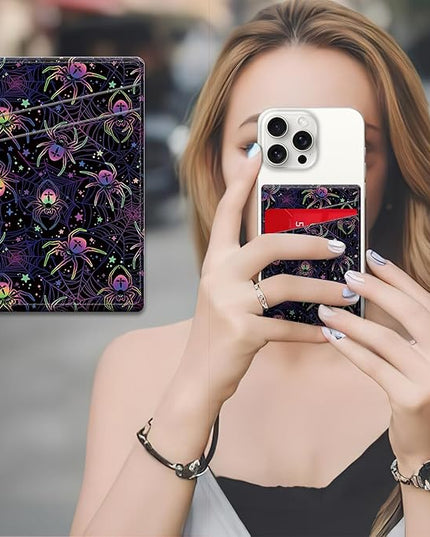 Phone Card Holder, Dual Pocket Leather Wallet Adhesive Stick On, Cute Credit Card Holder for Smartphones Case Compatible with Most Phone（Colored spider）