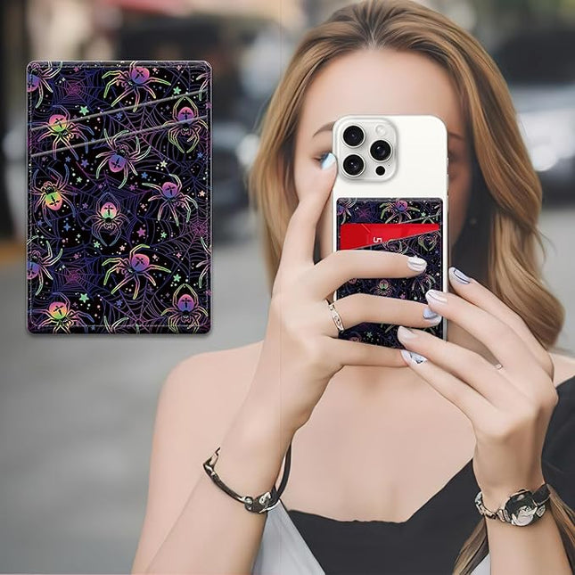 Phone Card Holder, Dual Pocket Leather Wallet Adhesive Stick On, Cute Credit Card Holder for Smartphones Case Compatible with Most Phone（Colored spider）