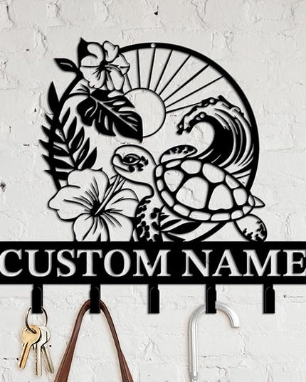 Casebrick Custom Sea Turtle Metal Wall Hooks,Key Holder-Personalized Iron Wall Decor for Keys, Coats & Home Organization (Black, Handmade,Decorative for Entryway, Beach,Bedroom,Office) (Style I)