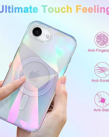 Cute Case for iPhone 16e Case for Women Girls [ Compatible with Magsafe ] Clear Glitter Girly Aesthetic Rainbow Sparkly Bling Magnetic Phone Cover, Iridescent Geometry