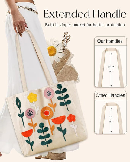 Embroidery Canvas Tote Bag for Women - Reusable Totes with Pocket & Buckle Aesthetic Cute Grocery Shoulder Bag