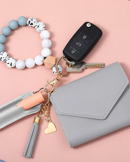 Weewooday Wristlet Bracelet Keychain Wallet Gift for Women Christmas Small Silicone Beaded Keyring Purse Leather Card Holder(Gray)