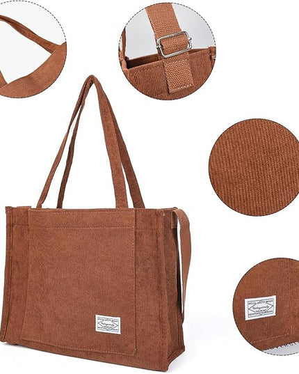 Valleycomfy Corduroy Tote Bag for Women Travel Crossbody Bag Purse Women Shoulder Bags Work Handbags Everyday Hobo Bag