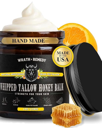 Organic Beef Tallow for Skin - 4 OZ (Citrus) — Grass Fed Beef Tallow for face + Body — US-Made Whipped Tallow and Honey Balm Moisturizer for Dry and Sensitive Skin, Eczema, Rosacea (No Additives)