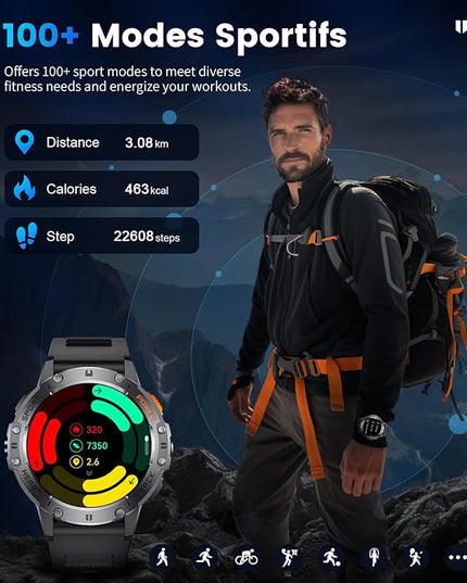Military Smart Watches for Men(Answer/Make Calls) with LED Flashlight,530mAh Large Battery,1.43’’ AMOLED Heart Rate/Sleep Monitor 5ATM Waterproof Smartwatch for Android iOS,100+Sport Modes,3 Straps