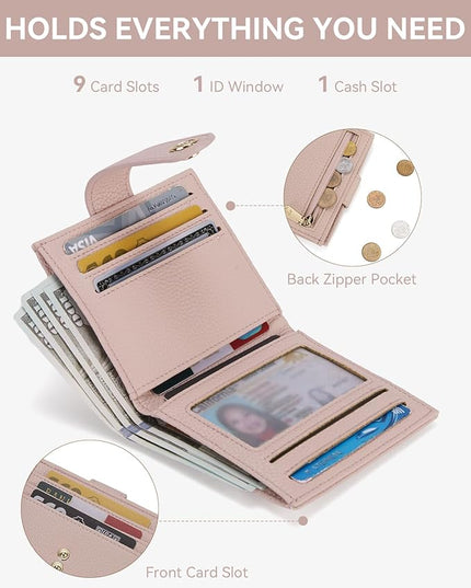 BOSTANTEN Slim Wallet for Women Small RFID Blocking Credit Card Holder Leather Bifold Wallets with Zipper Coin Pocket Pink