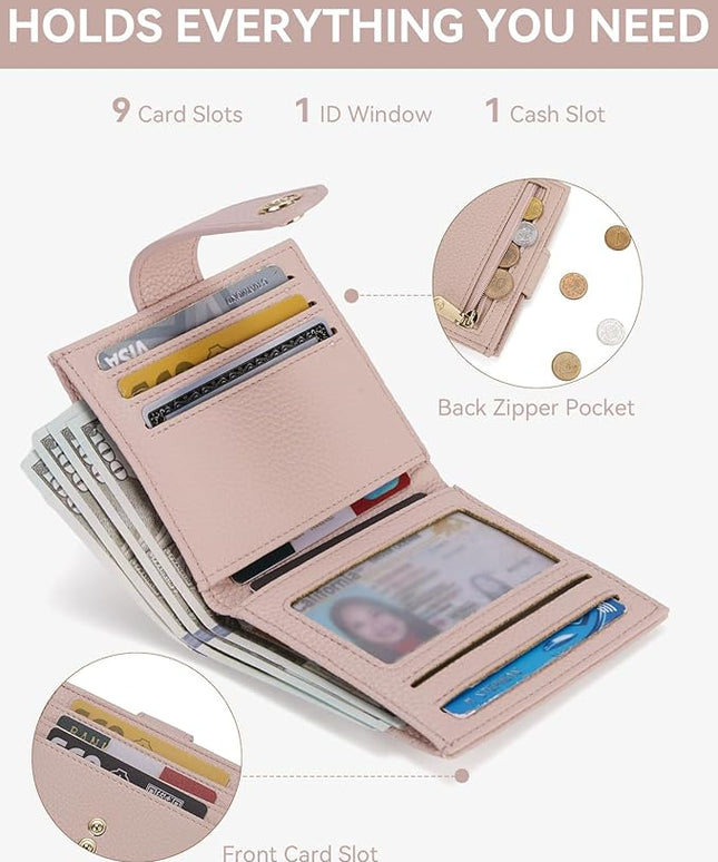 BOSTANTEN Slim Wallet for Women Small RFID Blocking Credit Card Holder Leather Bifold Wallets with Zipper Coin Pocket Pink