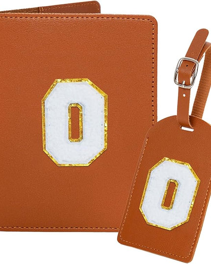 ULICO Initial Passport Cover and Luggage Tag Set,PU Leather Letter Passport Case Holder Travel Suitcase Tag, Personalized Travel Luggage Accessories Gifts for Women Kids Teenage Brown O