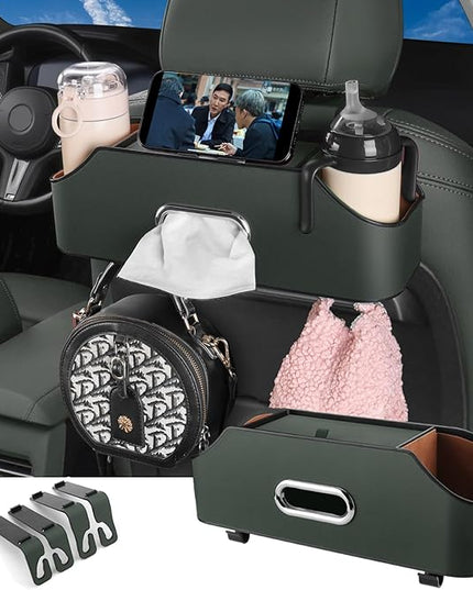 HOLDCY Car Back Seat Organizer with 2 Drink Cup Holder - Tissue Box and Storage Box Hook - Multi-functional Storage - Great for Kids and Travel (Green)